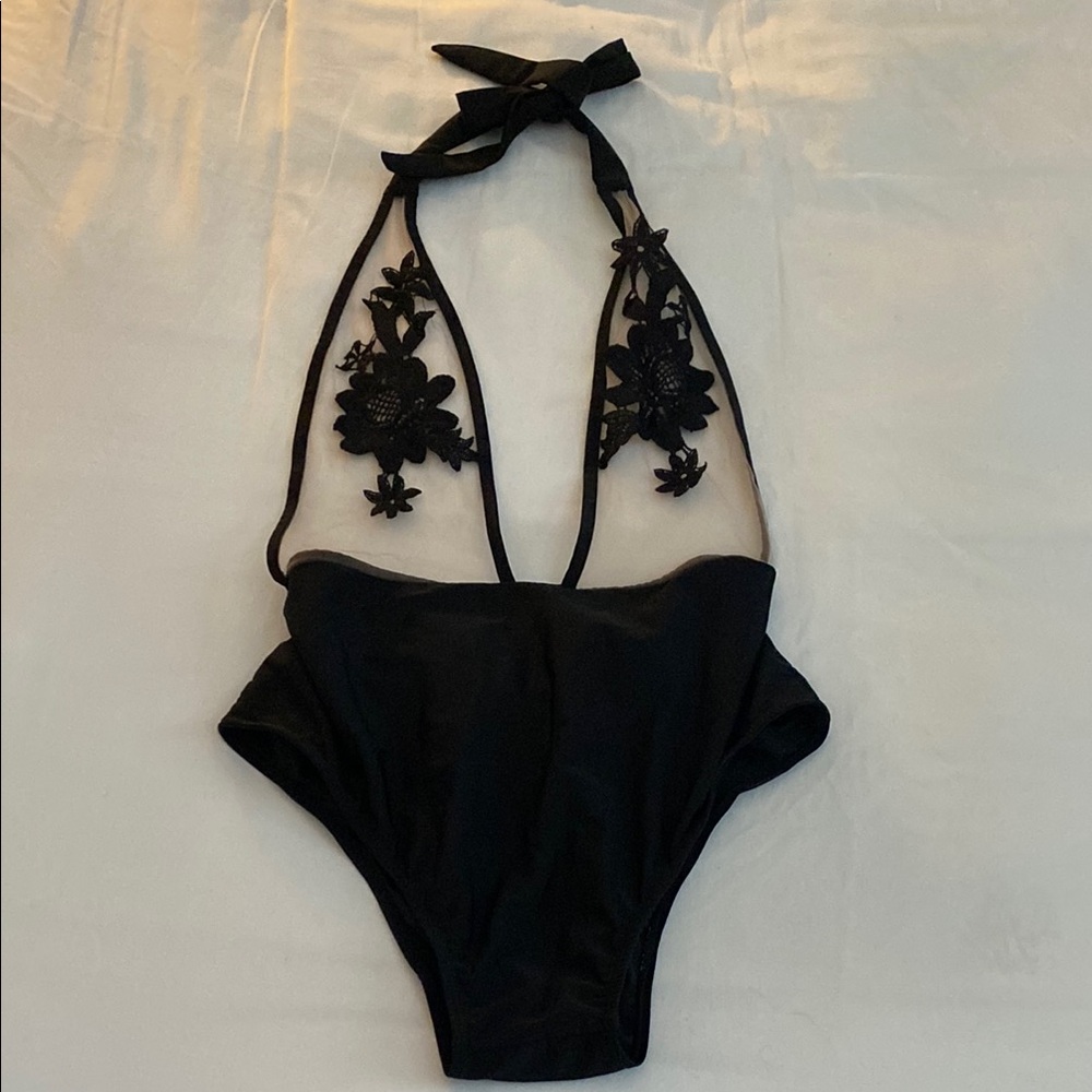 Black Floral Mesh Halter Bathingsuit
